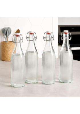 Pure Source India Premium Glass Water Bottle with Airtight Flip Top Cap | 1 L | 1.1 Qt | 4-Piece Set | Leak Proof