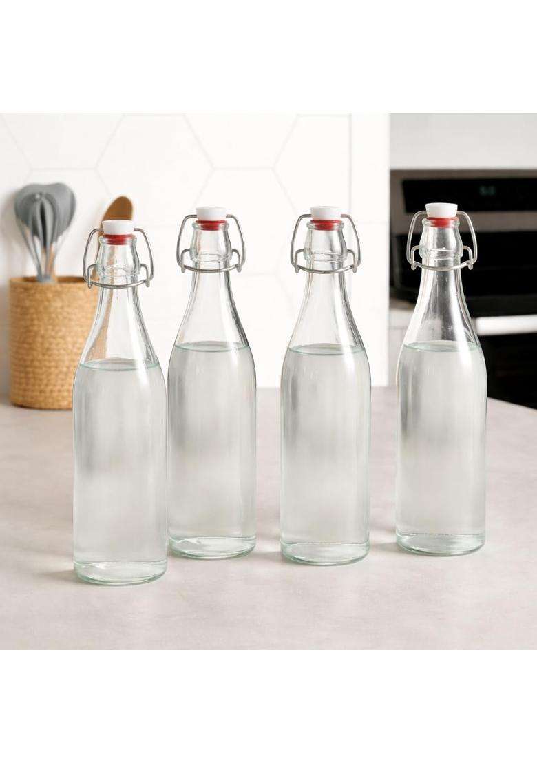 Pure Source India Premium Glass Water Bottle with Airtight Flip Top Cap | 1 L | 1.1 Qt | 4-Piece Set | Leak Proof - Indya