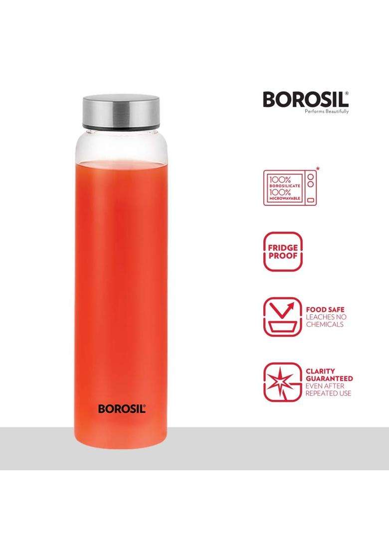 Borosil Crysto Stainless Steel Lid Wide Mouth Borosilicate Glass Water Bottle | 1 L | 1.1 Qt - Indya
