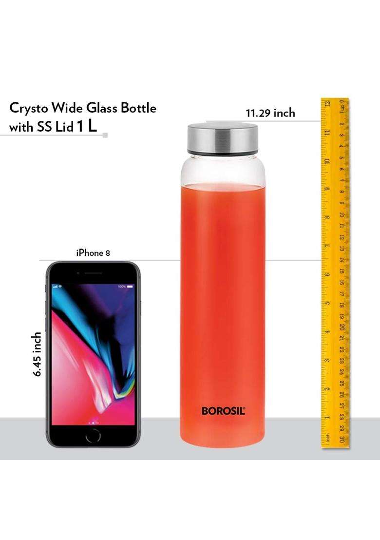 Borosil Crysto Stainless Steel Lid Wide Mouth Borosilicate Glass Water Bottle | 1 L | 1.1 Qt - Indya