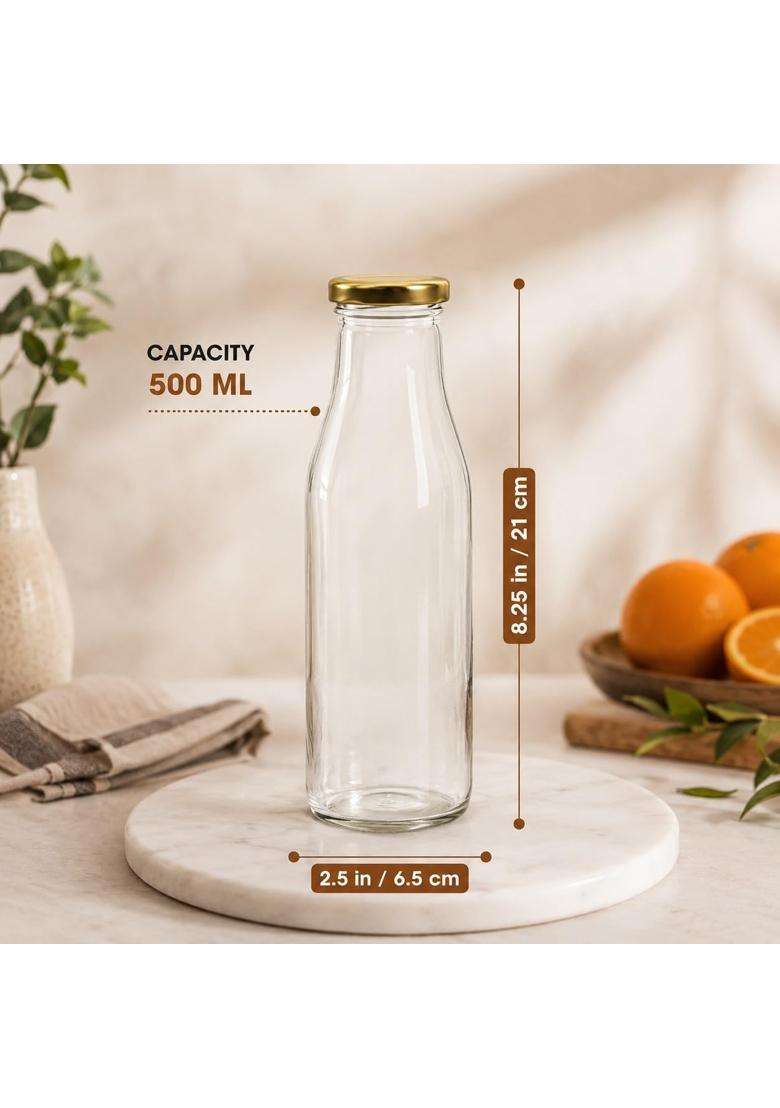 Pure Source India. Milk Water and Juice Glass Bottle with Air Tight Cap | 500 ml | 16.9 fl oz | 6-Piece Set - Indya
