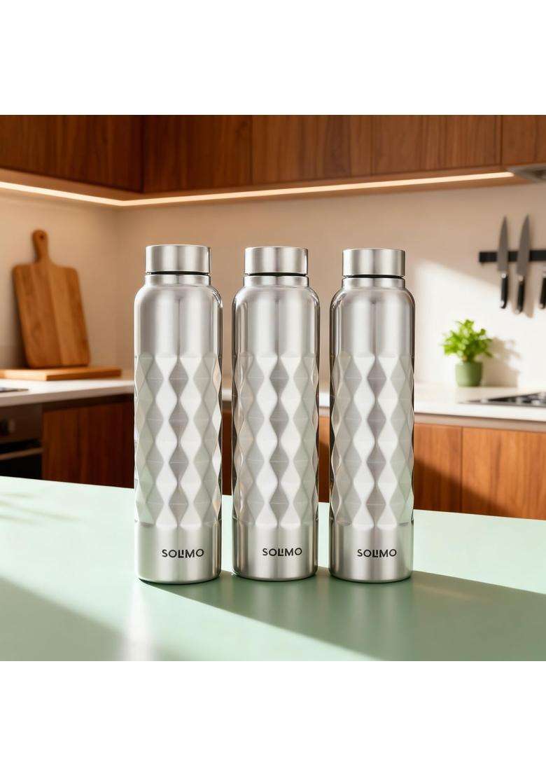 Solimo Amazon Brand Solimo Stainless Steel Cubix Water Bottles | 1 L | 1.1 Qt | 3-Piece Set | Dishwasher Safe | Food Safe | Rust Resistant - Indya