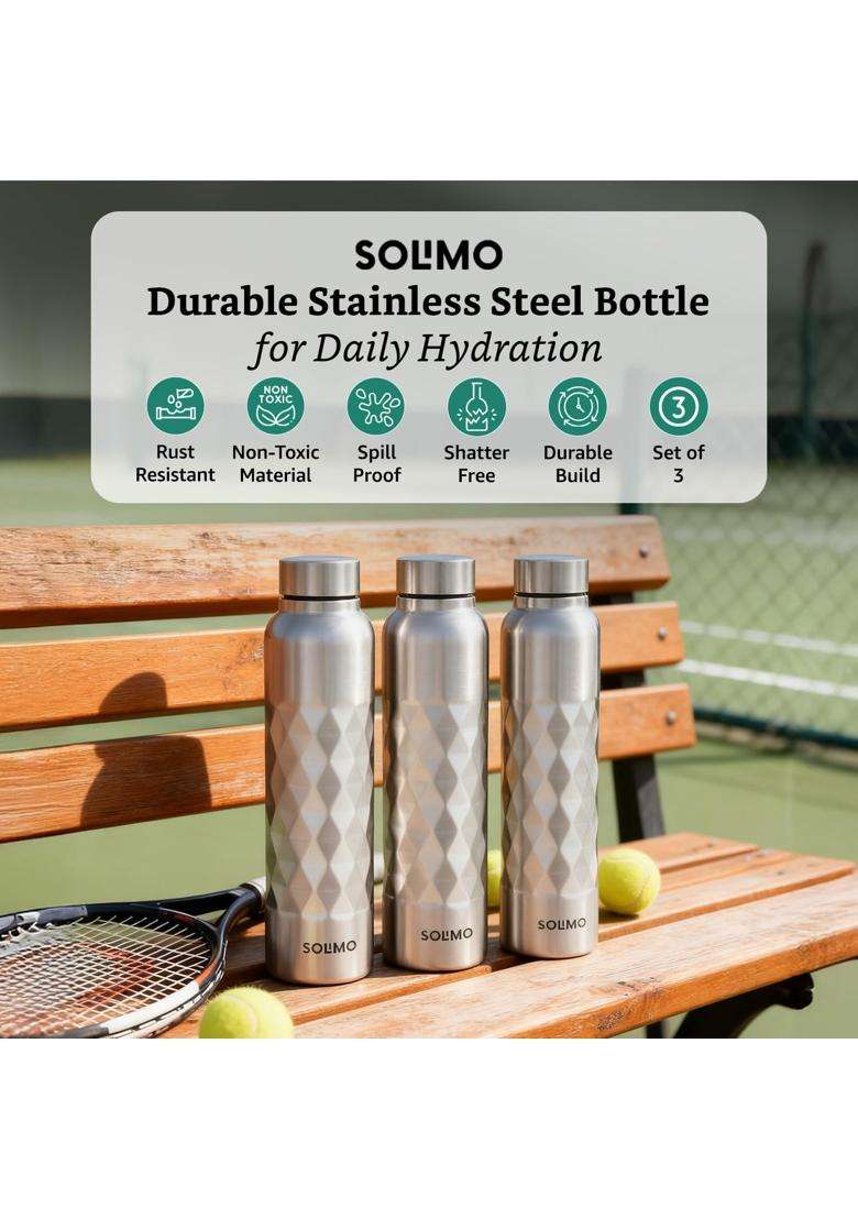 Solimo Amazon Brand Solimo Stainless Steel Cubix Water Bottles | 1 L | 1.1 Qt | 3-Piece Set | Dishwasher Safe | Food Safe | Rust Resistant - Indya
