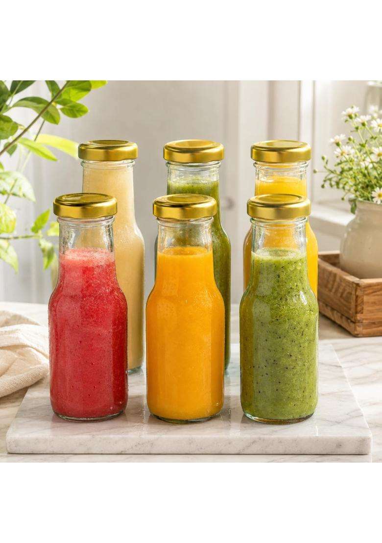 Pure Source India Clear Glass Milk Water and Juice Bottle with Airtight Cap | 200 ml | 6.8 fl oz | 6-Piece Set - Indya