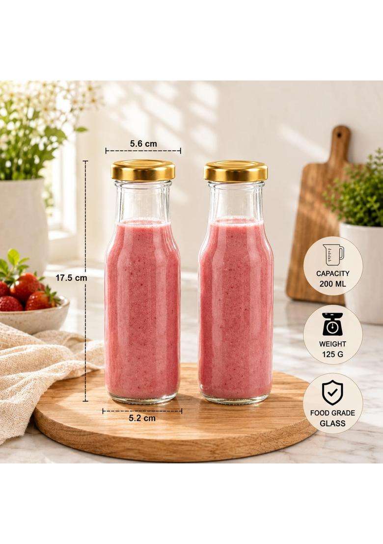 Pure Source India Clear Glass Milk Water and Juice Bottle with Airtight Cap | 200 ml | 6.8 fl oz | 6-Piece Set - Indya
