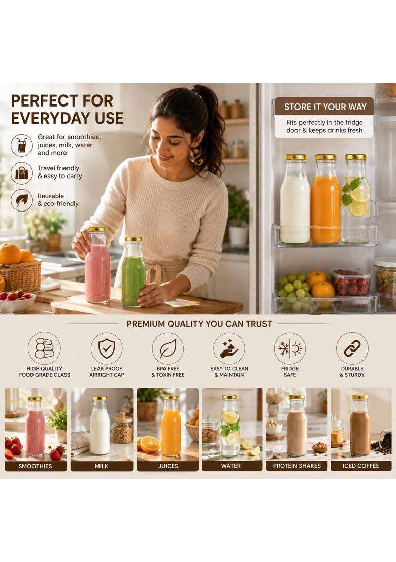 Pure Source India Clear Glass Milk Water and Juice Bottle with Airtight Cap | 200 ml | 6.8 fl oz | 6-Piece Set - Indya