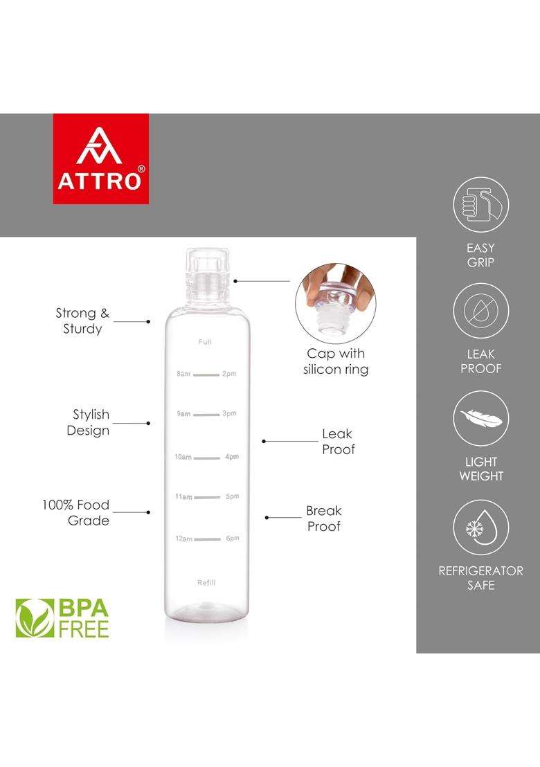 ATTRO Crystal Plastic Water Bottle BPA Free Leakproof | 1000 ml | 33.8 fl oz | 3-Piece Set - Indya
