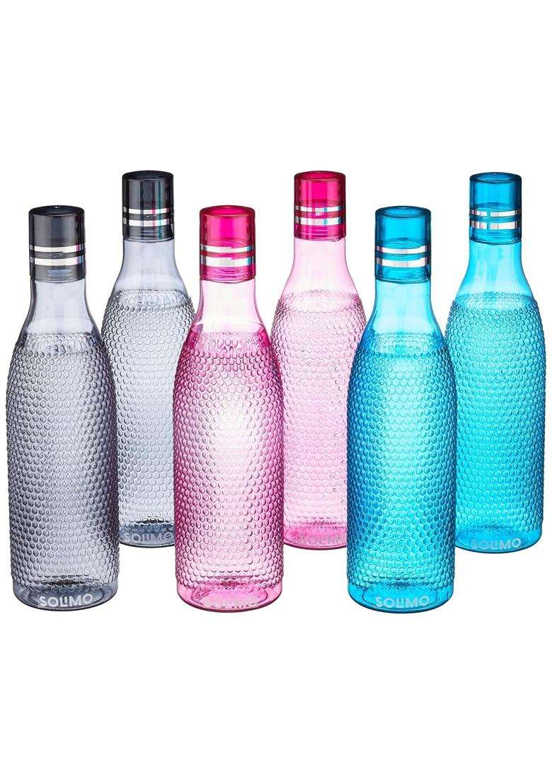 Solimo Amazon Brand Solimo Unbreakable Round Plastic Water Bottle | 1 L | 1.1 Qt | 6-Piece Set | BPA Free | Leak Proof - Indya
