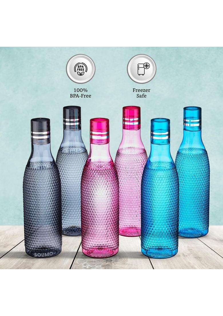 Solimo Amazon Brand Solimo Unbreakable Round Plastic Water Bottle | 1 L | 1.1 Qt | 6-Piece Set | BPA Free | Leak Proof - Indya