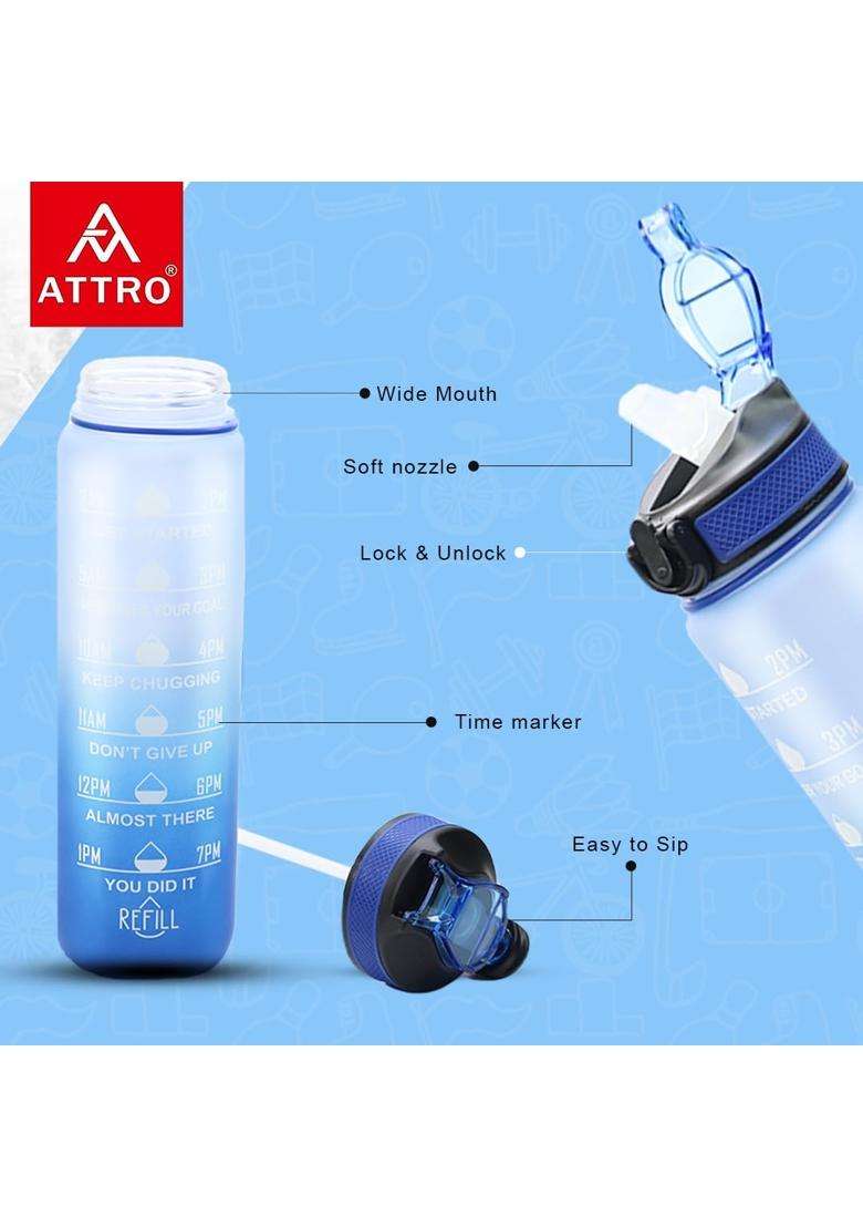 ATTRO Motivational Quotes and Time Marker Dual Colour Sports Plastic Bottle BPA Free | 1 L | 1.1 Qt | Leak Proof - Indya