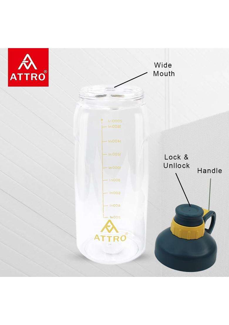 ATTRO Plastic Hydra Gym Water Bottle with Easy to Carry Grip Handle and Ml Mention | 2000 ml | 67.6 fl oz | BPA Free | Leak Proof - Indya