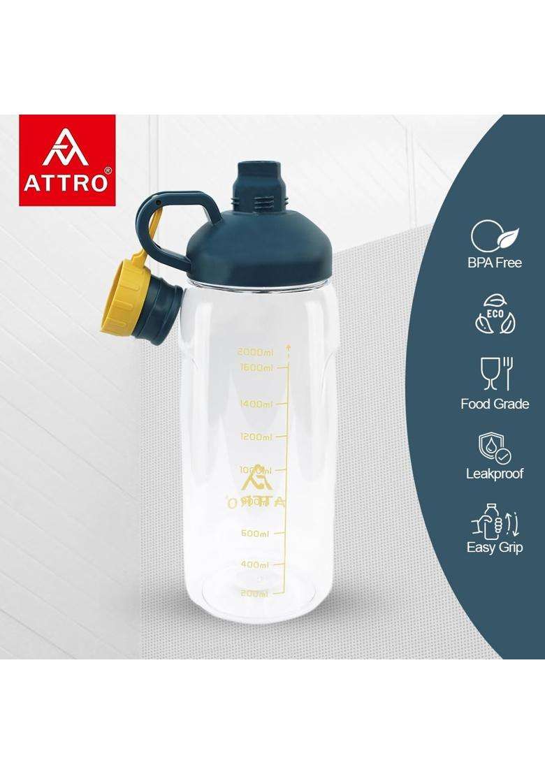 ATTRO Plastic Hydra Gym Water Bottle with Easy to Carry Grip Handle and Ml Mention | 2000 ml | 67.6 fl oz | BPA Free | Leak Proof - Indya