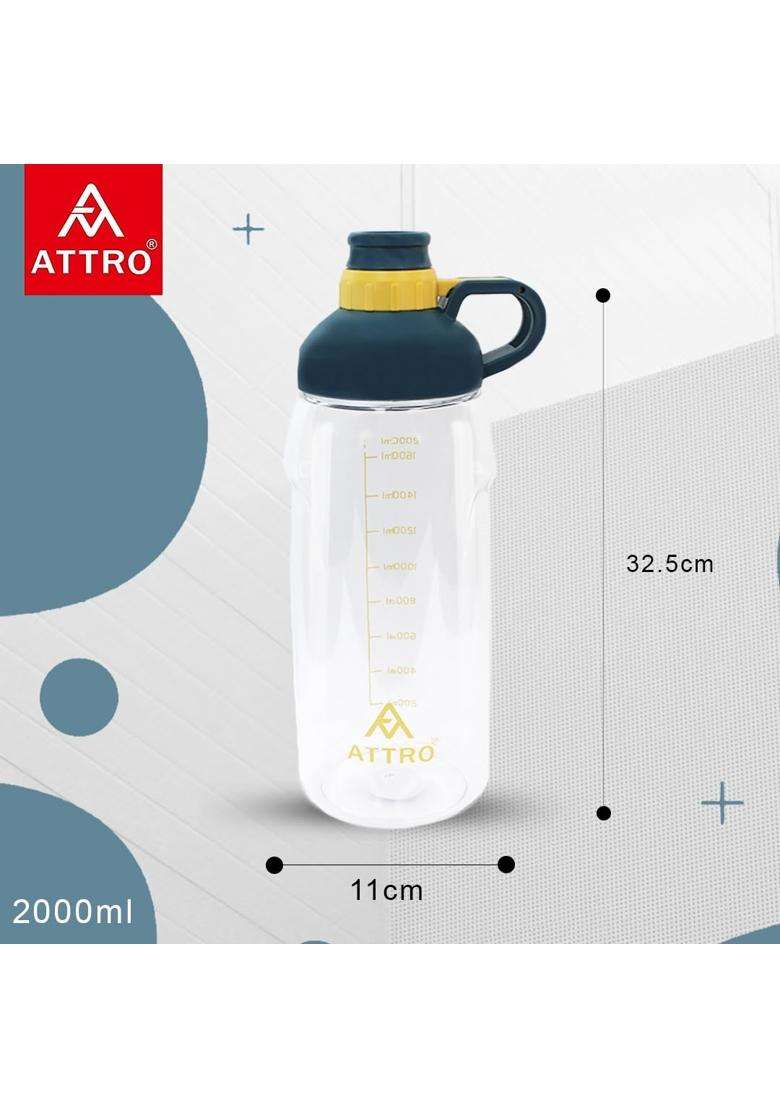 ATTRO Plastic Hydra Gym Water Bottle with Easy to Carry Grip Handle and Ml Mention | 2000 ml | 67.6 fl oz | BPA Free | Leak Proof - Indya
