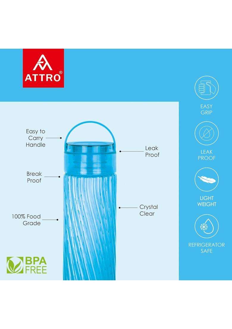 ATTRO O2 Spring Water Bottle with Easy to Carry Handle Leak-proof BPA Free Plastic | 1000 ml | 33.8 fl oz | 2-Piece Set - Indya