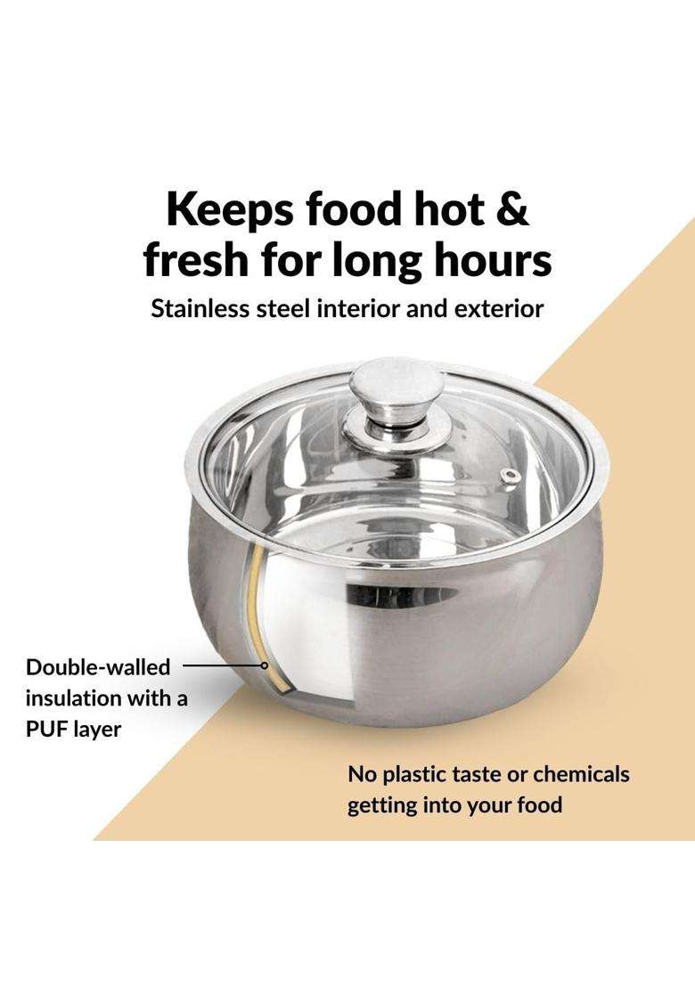 Nestasia Stainless Steel Insulated Casserole with Glass Lid | 1000 ml | 33.8 fl oz | BPA Free | Food Safe | Rust Resistant - Indya