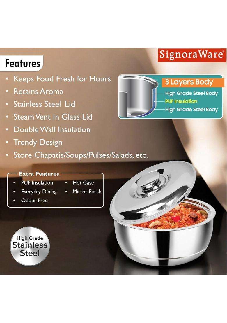 SIGNORA WARE Signoraware Double Wall Stainless Steel Casserole | 500 ml | 16.9 fl oz | Insulated - Indya