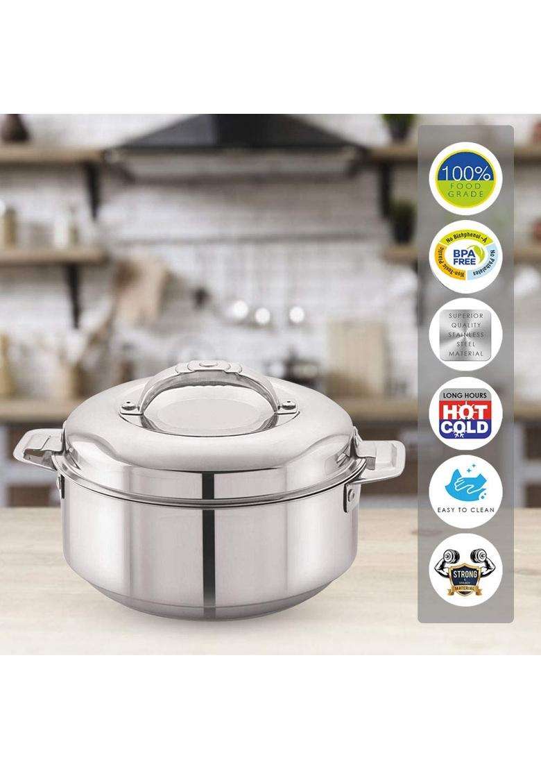 CELLO Maxima Insulated Casserole Hot Pot for Kitchen Silver | 2000 ml | 67.6 fl oz - Indya