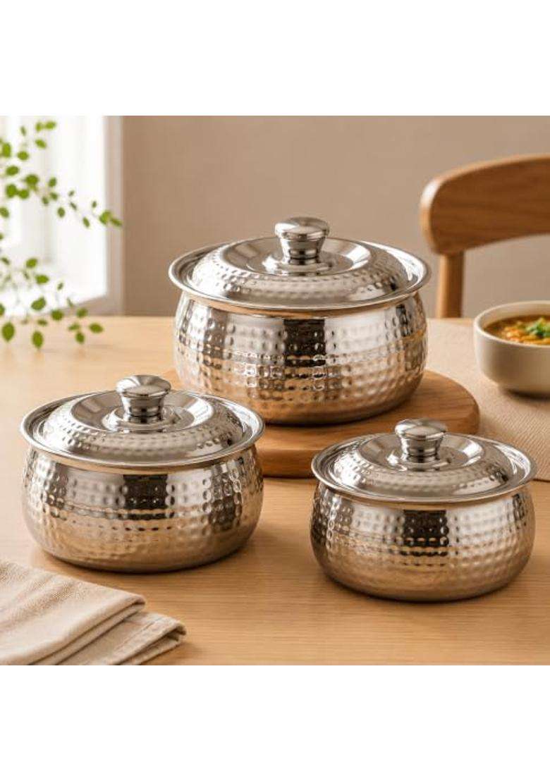 Nestasia Hammered Stainless Steel Insulated Casserole with Lid | 1.5 L | 1.6 Qt | 3-Piece Set | BPA Free | Food Safe | Rust Resistant - Indya