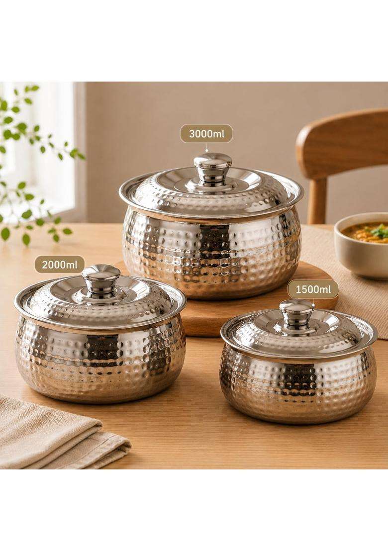 Nestasia Hammered Stainless Steel Insulated Casserole with Lid | 1.5 L | 1.6 Qt | 3-Piece Set | BPA Free | Food Safe | Rust Resistant - Indya