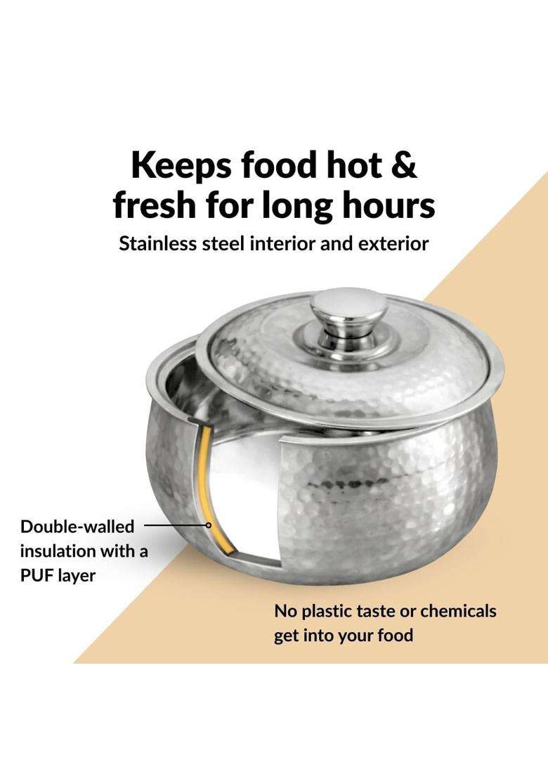 Nestasia Hammered Stainless Steel Insulated Casserole with Lid | 1.5 L | 1.6 Qt | 3-Piece Set | BPA Free | Food Safe | Rust Resistant - Indya