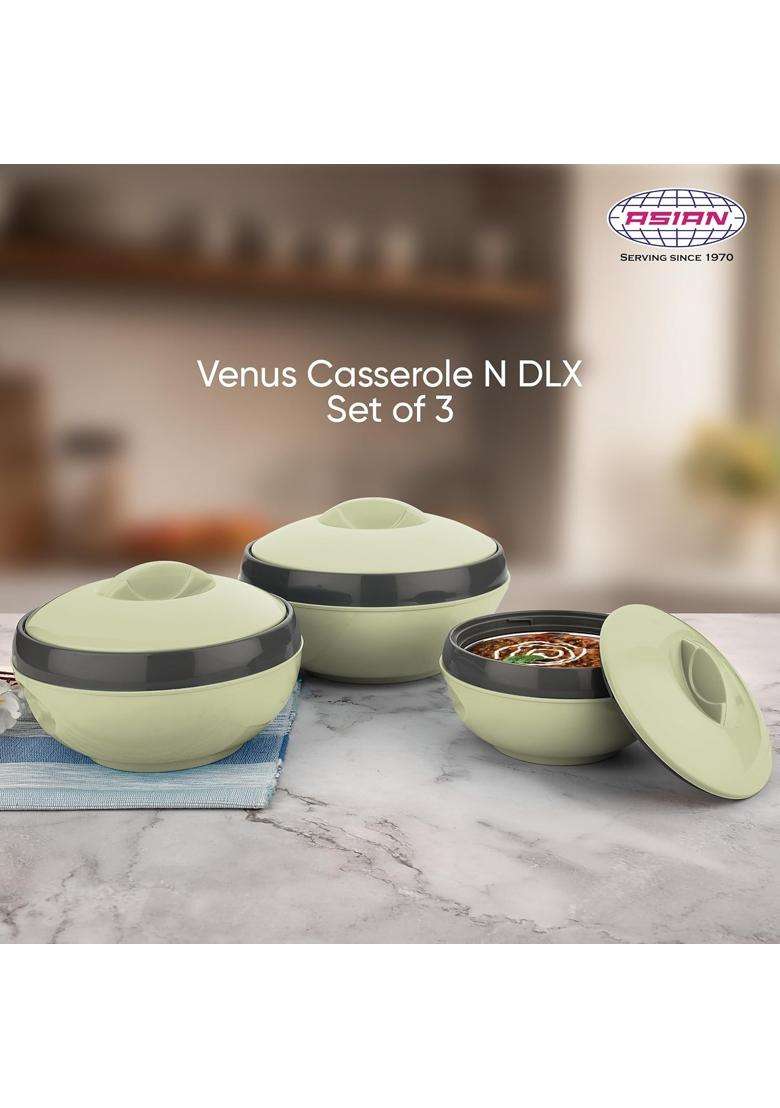 ASIAN Plastic Venus Inner Stainless Steel Casserole Gift Royal | 1000 ml | 33.8 fl oz | 3-Piece Set | BPA Free | Insulated | Food Safe - Indya