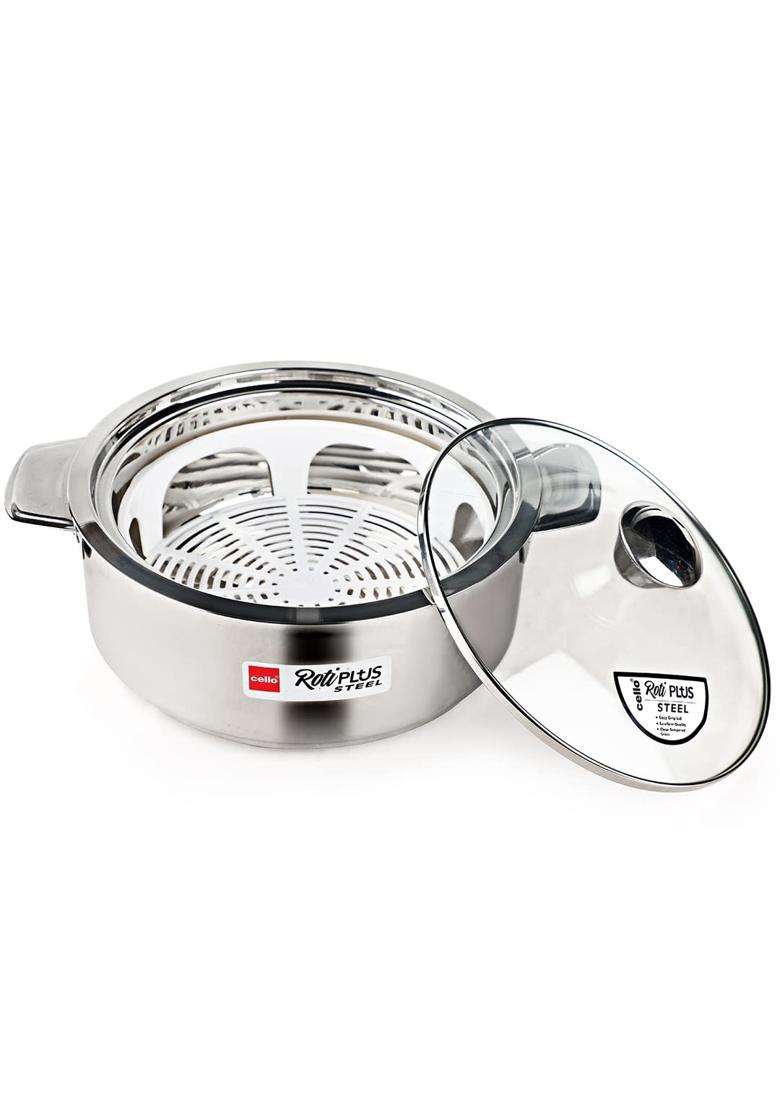 CELLO Roti Plus Insulated Stainless Steel Casserole Hot Pot Case Box with Glass Lid | 1000 ml | 33.8 fl oz - Indya
