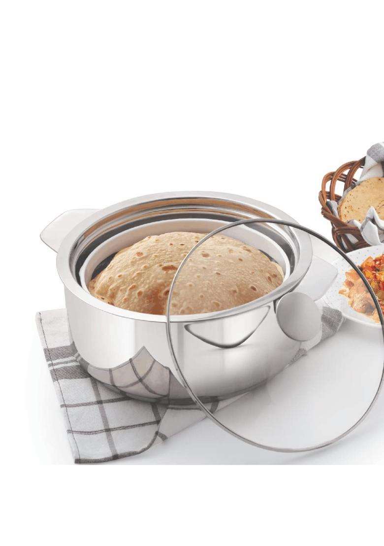 CELLO Roti Plus Insulated Stainless Steel Casserole Hot Pot Case Box with Glass Lid | 1000 ml | 33.8 fl oz - Indya