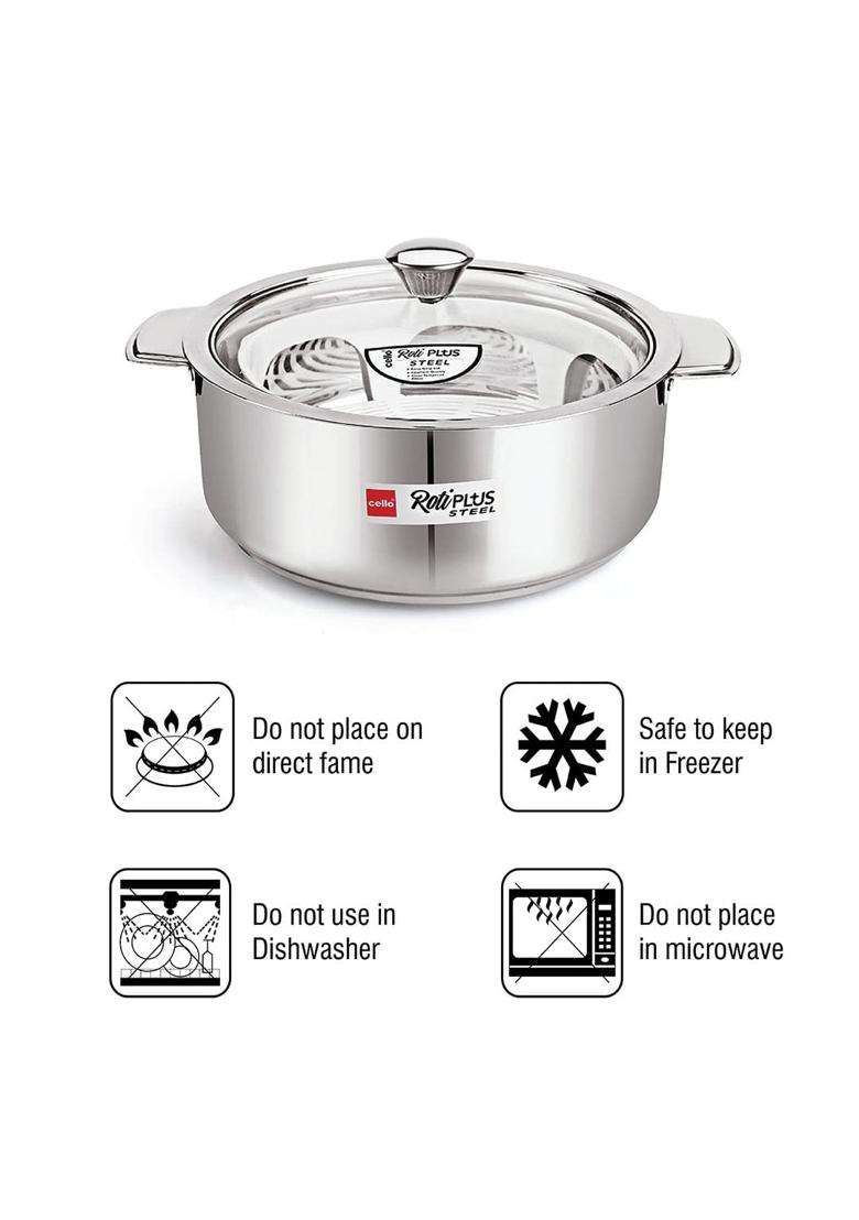 CELLO Roti Plus Insulated Stainless Steel Casserole Hot Pot Case Box with Glass Lid | 1000 ml | 33.8 fl oz - Indya