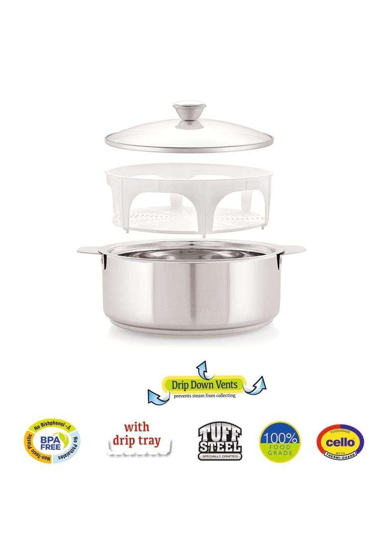 CELLO Roti Plus Insulated Stainless Steel Casserole Hot Pot Case Box with Glass Lid | 1000 ml | 33.8 fl oz - Indya