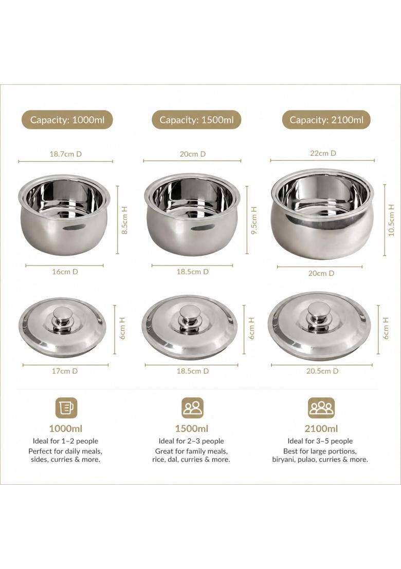 Nestasia Stainless Steel Insulated Casserole with Lid | 1000 ml | 33.8 fl oz | 3-Piece Set | BPA Free | Food Safe | Rust Resistant - Indya
