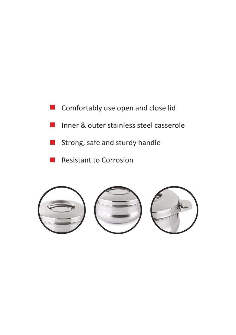 CELLO Bella 2000 Insulated Stainless Steel Casserole Hot Pot Box for Daily Use Silver | 2 L | 2.1 Qt | Food Safe - Indya