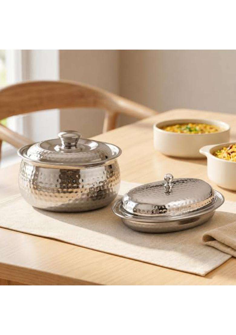 Nestasia Stainless Steel Insulated Casserole | 1500 ml | 50.7 fl oz | BPA Free | Hammered Finish | With Lid | Food Safe - Indya