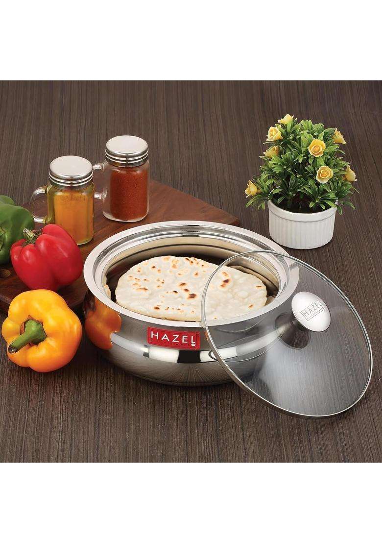 HAZEL Stainless Steel Roti Casserole with Glass Lid | 2.5 L | 2.6 Qt - Indya