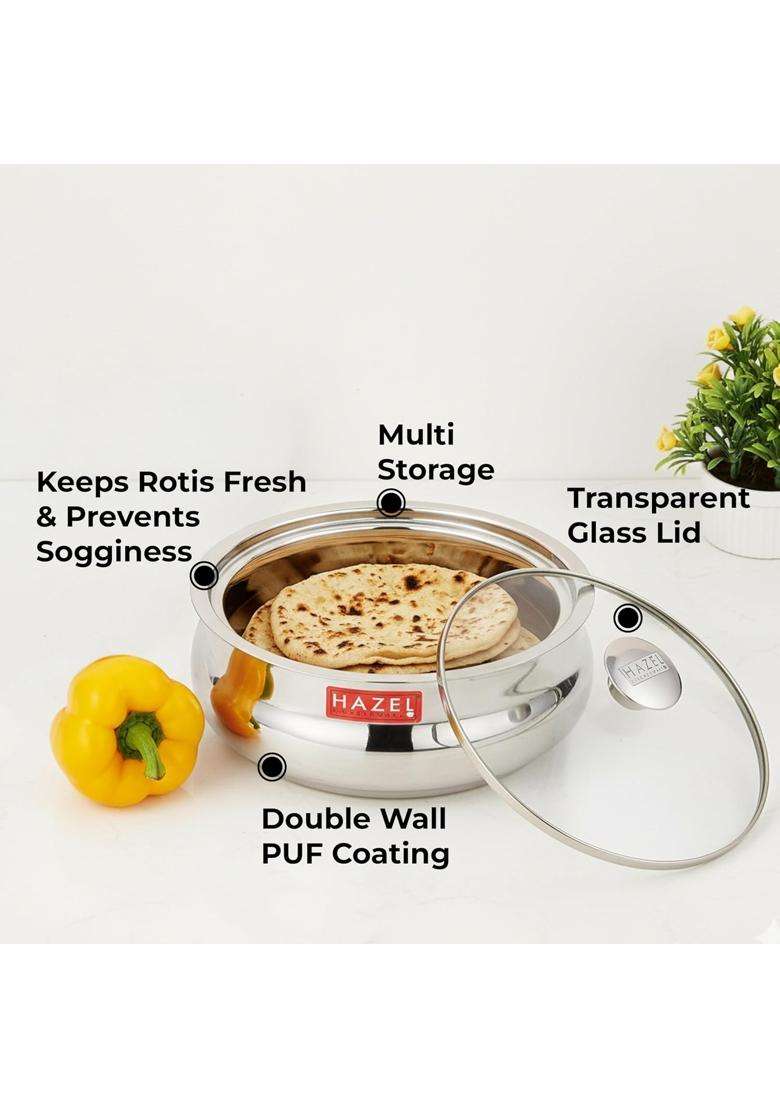 HAZEL Stainless Steel Roti Casserole with Glass Lid | 2.5 L | 2.6 Qt - Indya