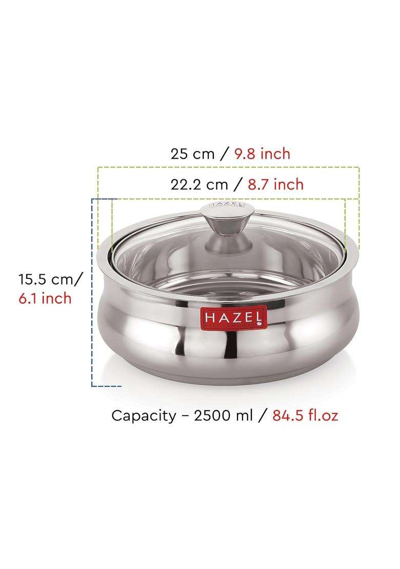 HAZEL Stainless Steel Roti Casserole with Glass Lid | 2.5 L | 2.6 Qt - Indya