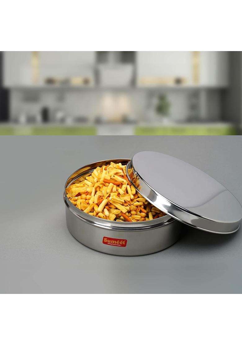 Sumeet Stainless Steel Flat Canister Puri Dabba Storage Container | 1.2 L | 1.3 Qt | 17 cm | 6.7 Inch - Indya