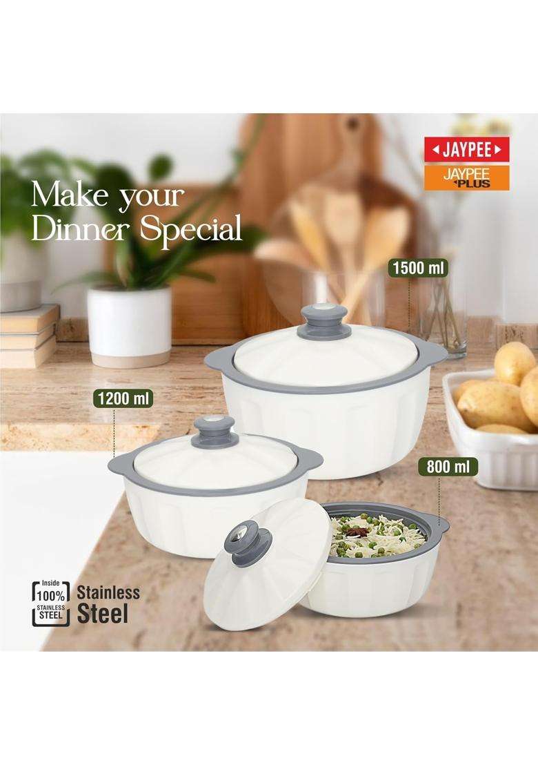 JAYPEE Hotfeast Inner Stainless Steel Casserole with Lockable Lid | 1500 ml | 50.7 fl oz | 3-Piece Set | BPA Free | Food Safe - Indya