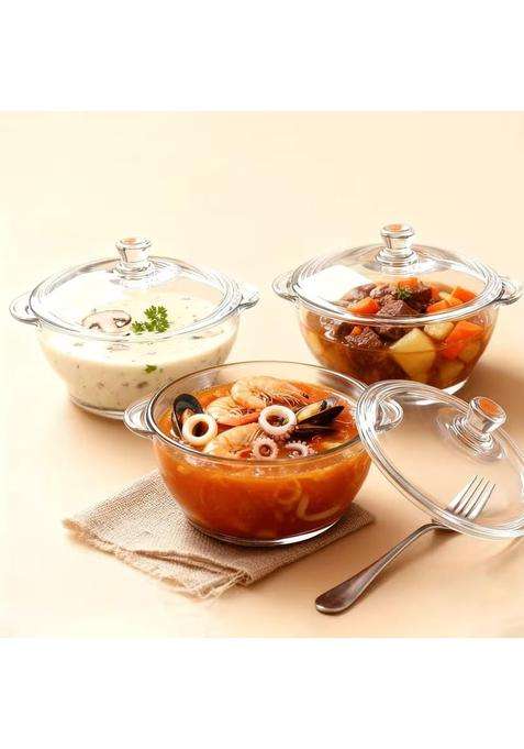 PrimeWorld Set of Each Casserole with Glass Lid Microwave Oven Safe Serving Bowl Tempered | 1 L | 1.1 Qt | 1000-Piece Set