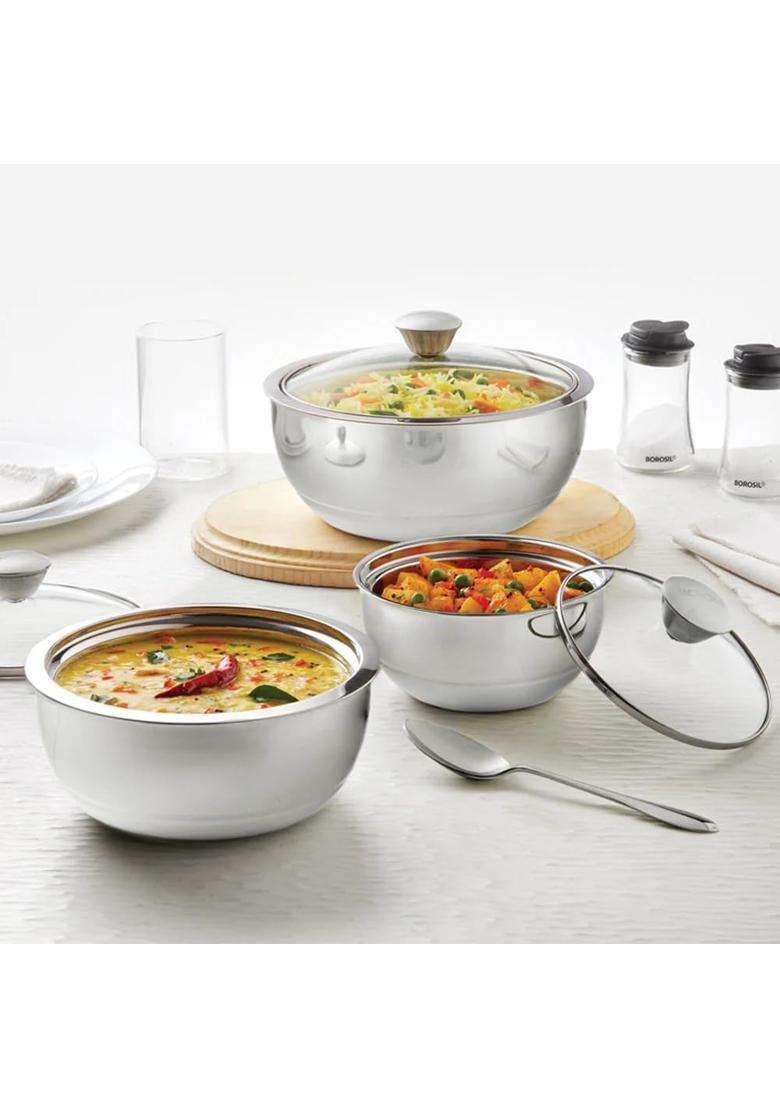 Borosil Stainless Steel Curry Server | 1.5 L | 1.6 Qt | Pack of 3 - Indya
