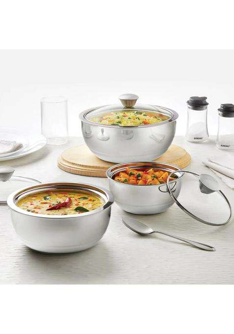 Borosil Stainless Steel Curry Server | 1.5 L | 1.6 Qt | Pack of 3