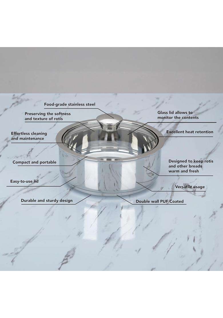 Sumeet Stainless Steel Casserole with Glass Lid | 1 L | 1.1 Qt | 2-Piece Set | Dishwasher Safe - Indya
