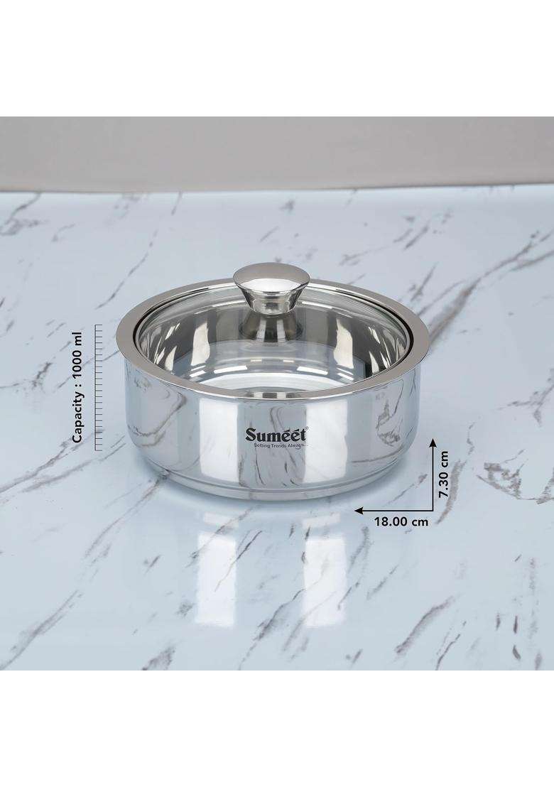 Sumeet Stainless Steel Casserole with Glass Lid | 1 L | 1.1 Qt | 2-Piece Set | Dishwasher Safe - Indya