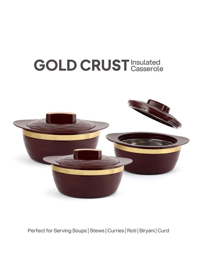 CELLO Gold Crust Insulated Casserole | 500 ml | 16.9 fl oz | 3-Piece Set - Indya