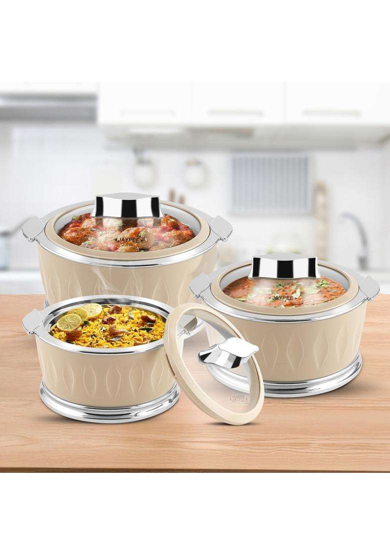 JAYPEE Dazzle Inner Stainless Steel Casserole with Chrome Plated Knob | 2000 ml | 67.6 fl oz | 3-Piece Set | BPA Free | Insulated | Food Safe - Indya
