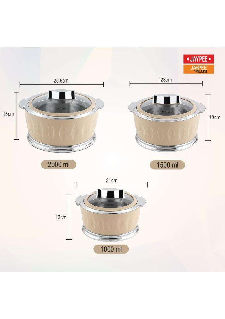 JAYPEE Dazzle Inner Stainless Steel Casserole with Chrome Plated Knob | 2000 ml | 67.6 fl oz | 3-Piece Set | BPA Free | Insulated | Food Safe - Indya