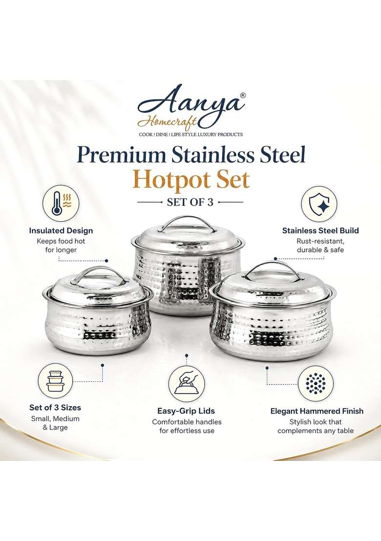 AANYA HOME CRAFT Aanya Homecraft Stainless Steel Insulated Hotpot Set | 3-Piece Set - Indya