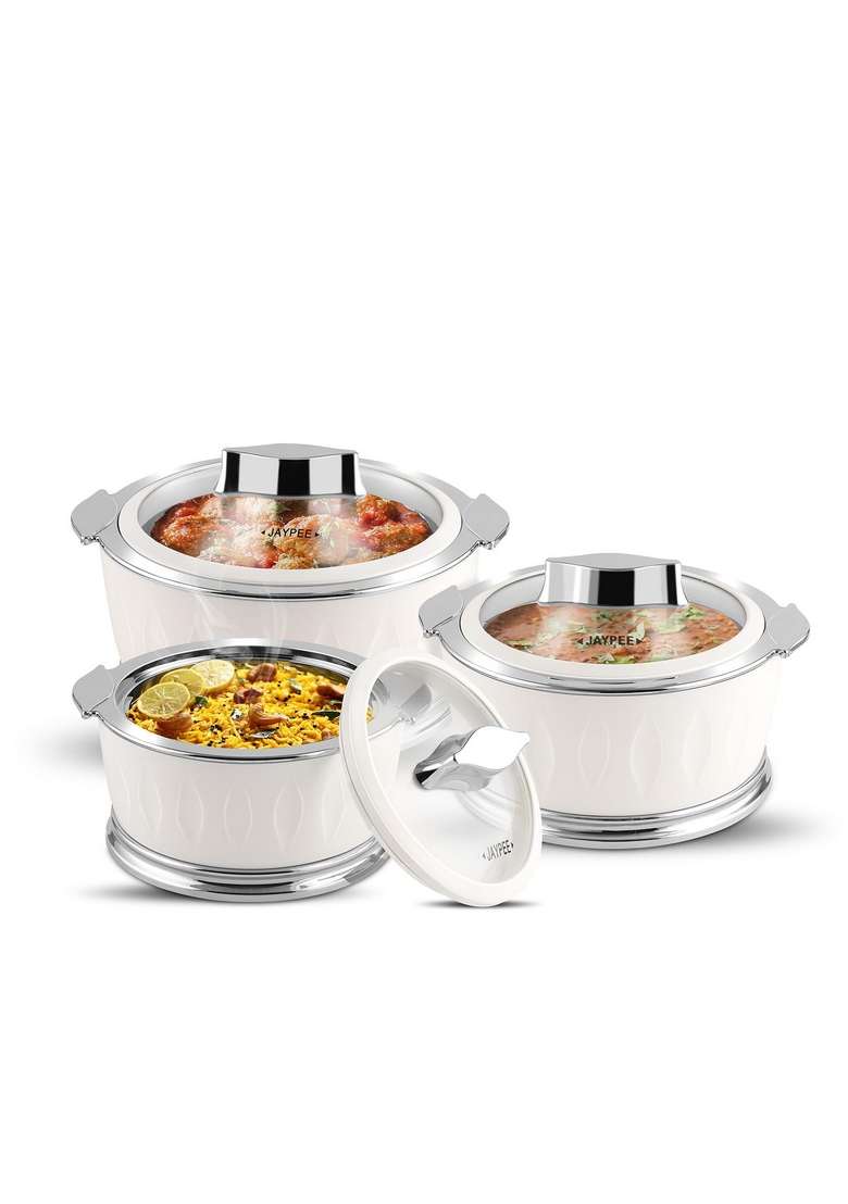 Jaypee Plus Jaypee Dazzle Inner Stainless Steel Casserole with Chrome Plated Knob | 2000 ml | 67.6 fl oz | 3-Piece Set | BPA Free | Insulated | Food Safe - Indya