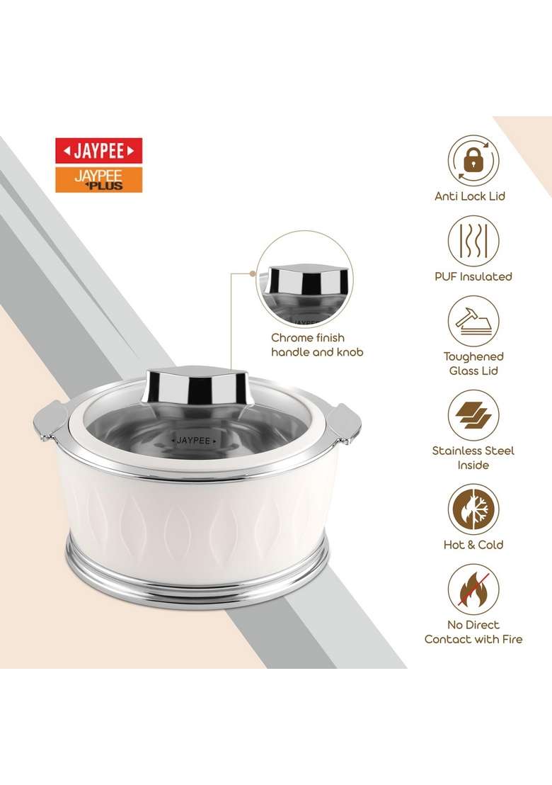 Jaypee Plus Jaypee Dazzle Inner Stainless Steel Casserole with Chrome Plated Knob | 2000 ml | 67.6 fl oz | 3-Piece Set | BPA Free | Insulated | Food Safe - Indya