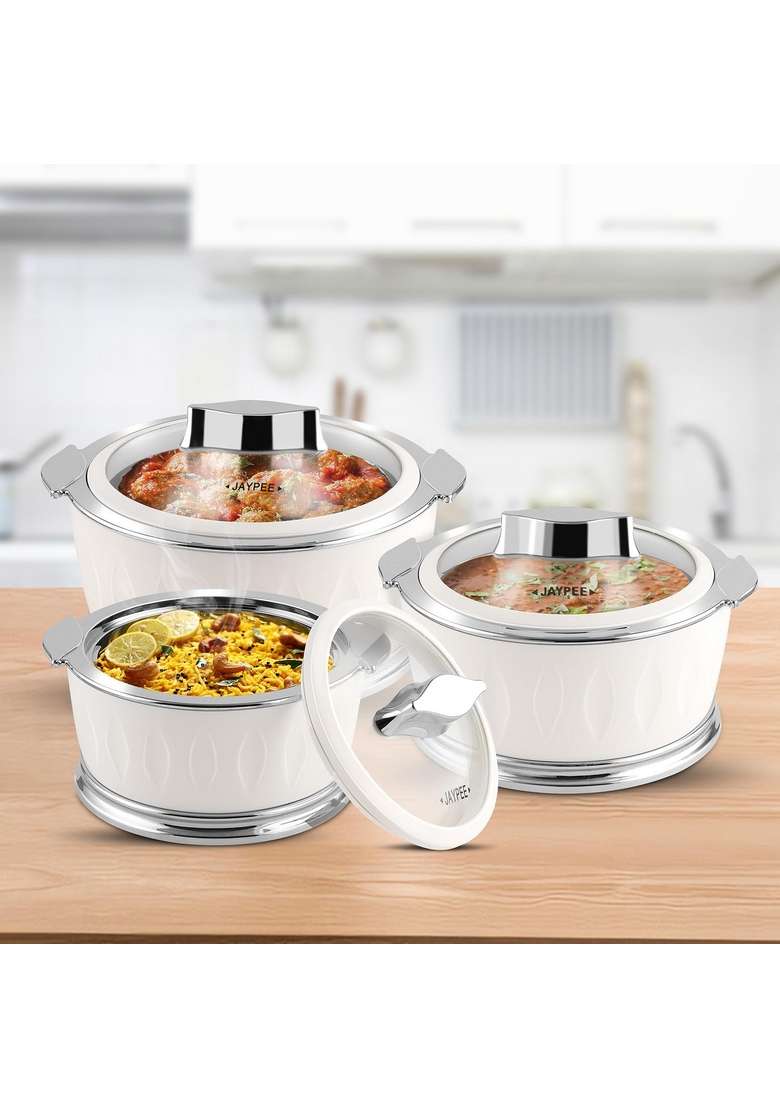 Jaypee Plus Jaypee Dazzle Inner Stainless Steel Casserole with Chrome Plated Knob | 2000 ml | 67.6 fl oz | 3-Piece Set | BPA Free | Insulated | Food Safe - Indya