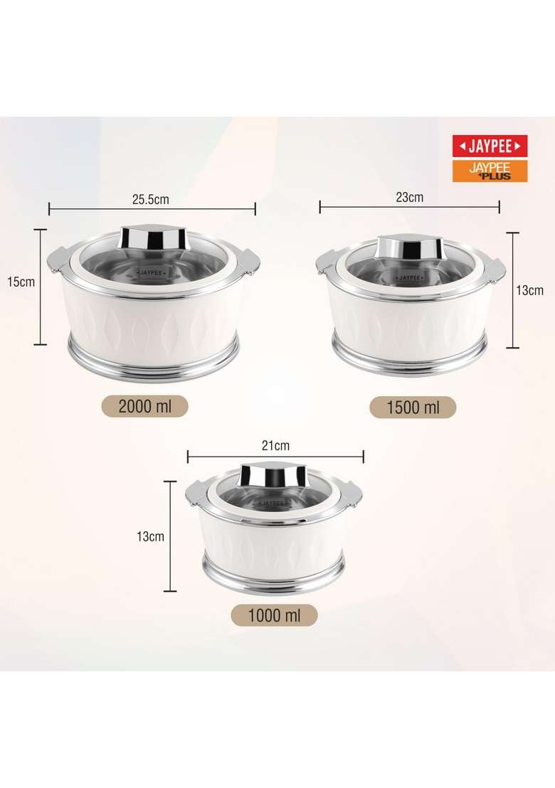 Jaypee Plus Jaypee Dazzle Inner Stainless Steel Casserole with Chrome Plated Knob | 2000 ml | 67.6 fl oz | 3-Piece Set | BPA Free | Insulated | Food Safe - Indya